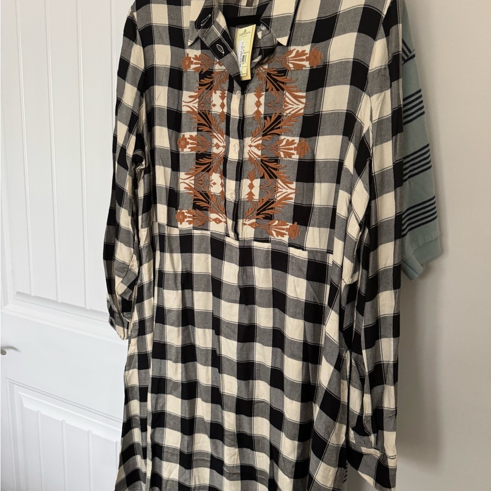 Stetson Black and White Plaid dress with Brown Embroidery